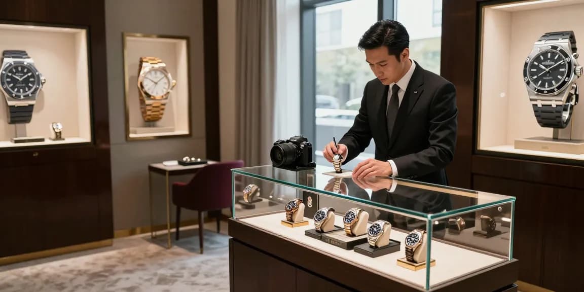 Elegantly displayed replica watches in luxury retail setting, highlighting craftsmanship.