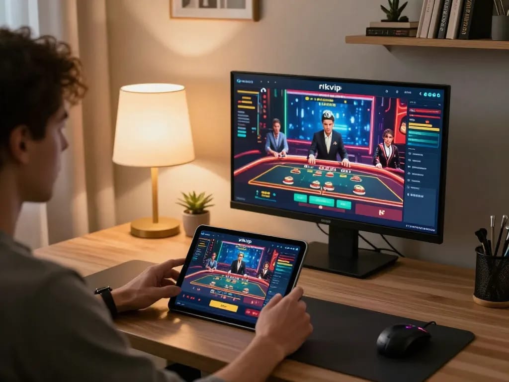 Engaging with the rikvip casino app at home, showcasing a modern gambling experience