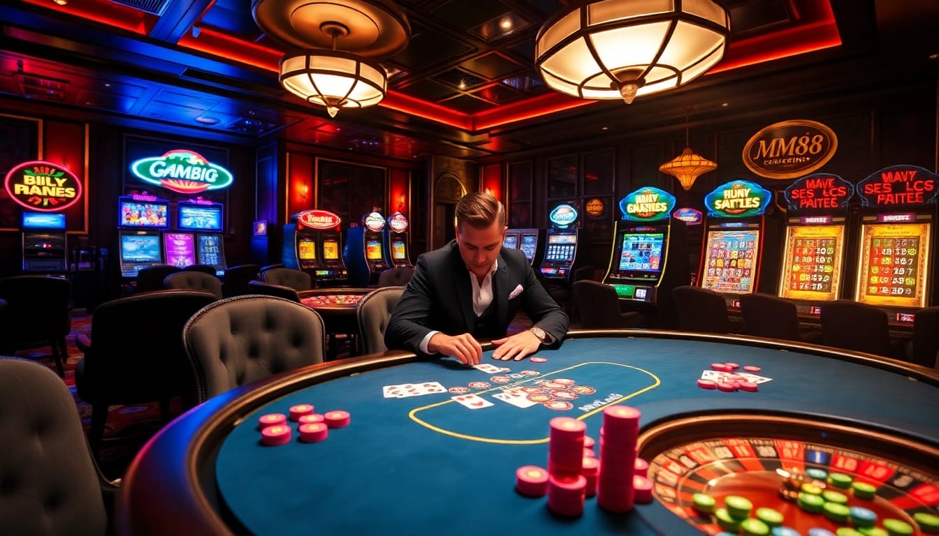 Experience excitement and luxury at MM88 casino with high-stakes poker and glowing slot machines.