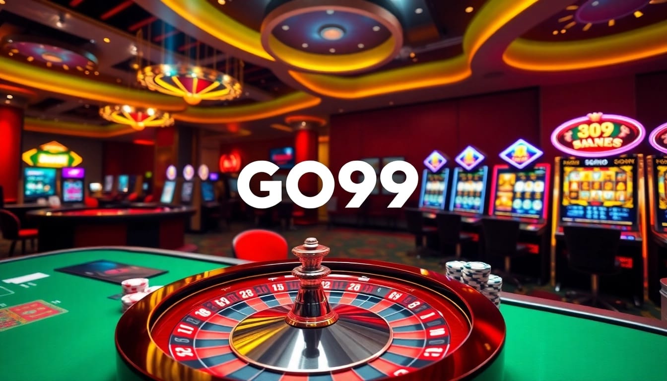 Experience thrilling gameplay at Go99 with dynamic casino elements like slot machines and poker chips.
