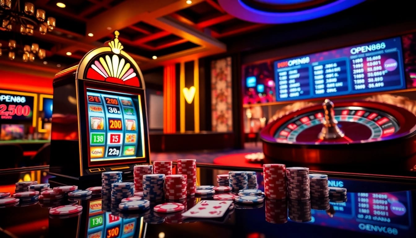 Experience thrilling games with Open88 as vibrant slots and a roulette wheel create excitement.