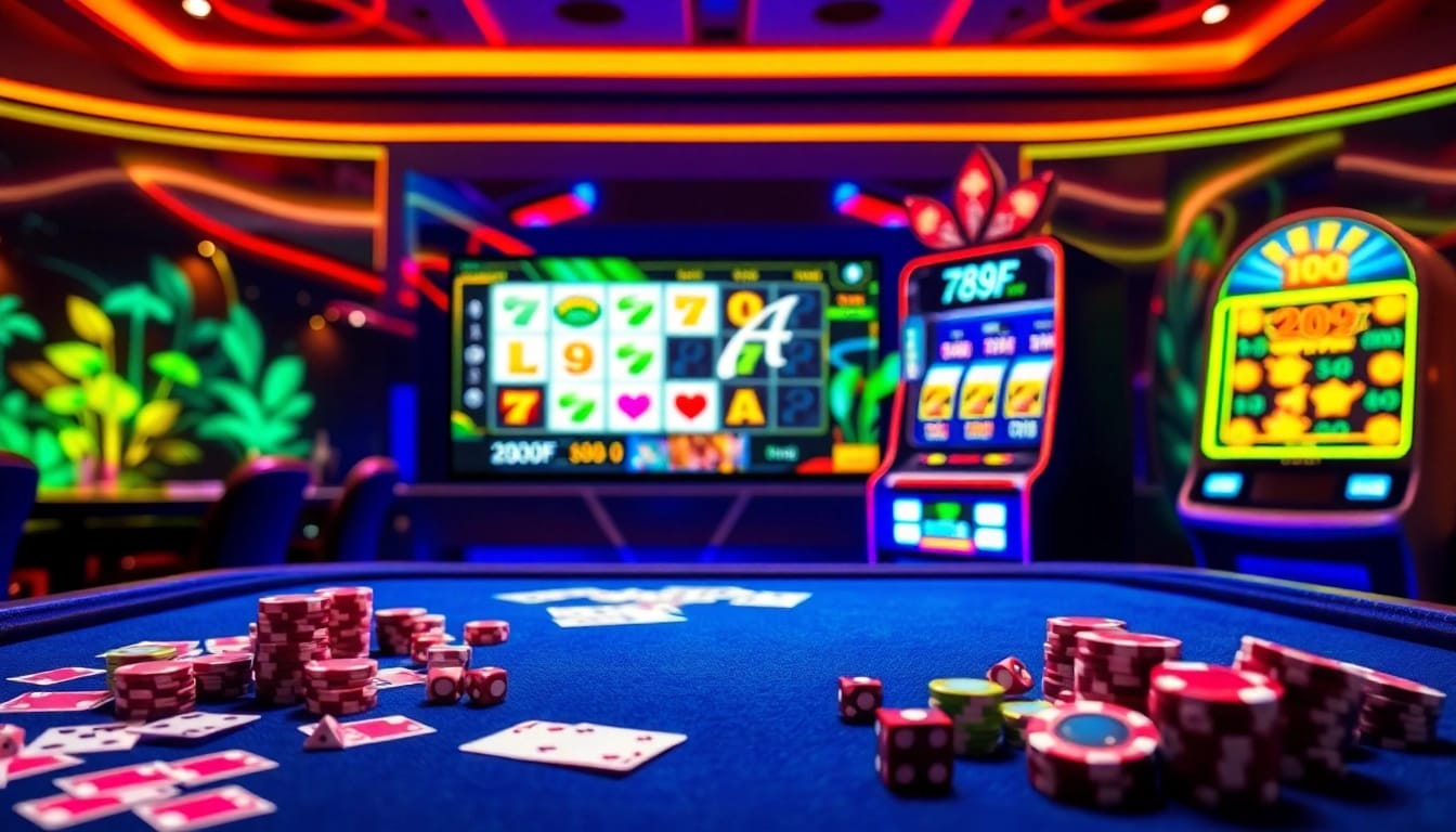 Exciting 789f online casino scene with vibrant lights and gambling elements.