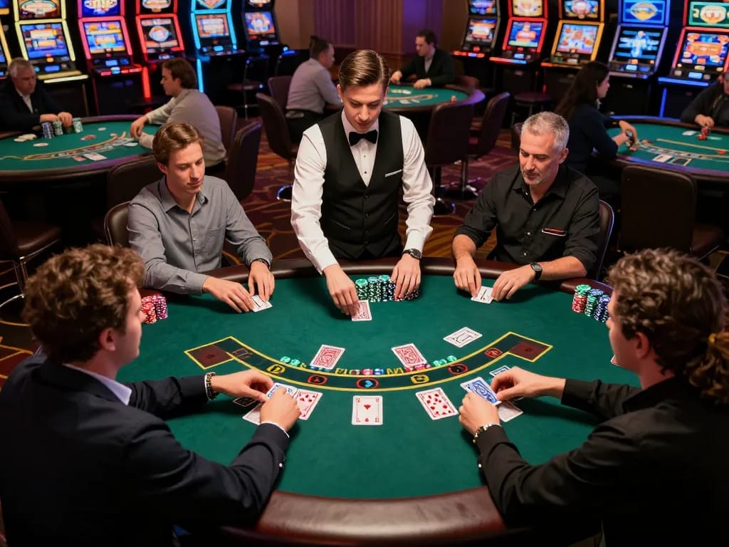 Experience intense blackjack gameplay at https://tip88xyz.com/ with players and cards under warm casino lighting.