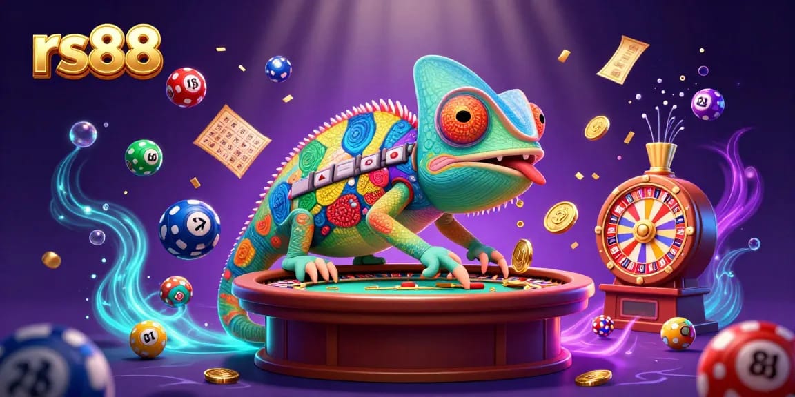 Engage with the vibrant world of rs88, showcasing a colorful chameleon casino owner amid dynamic lottery elements.