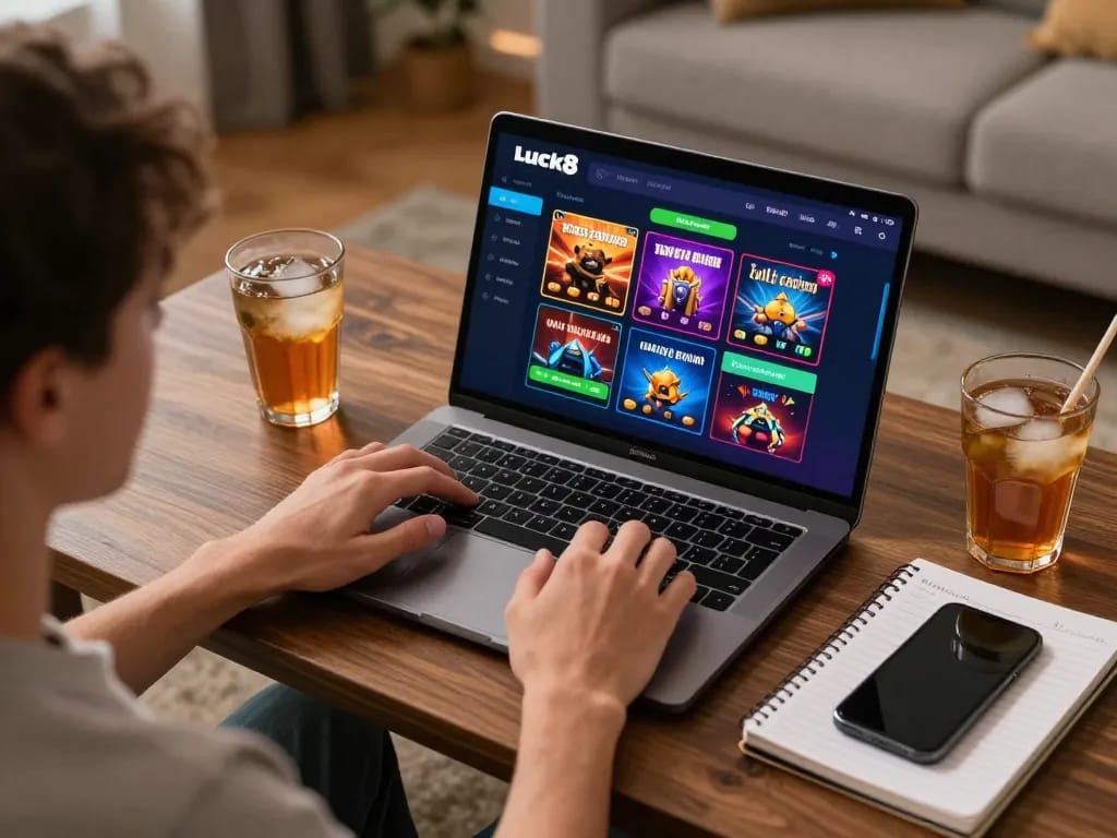 Luck8 player enjoying mobile gaming experience on a laptop with betting strategies in cozy environment.