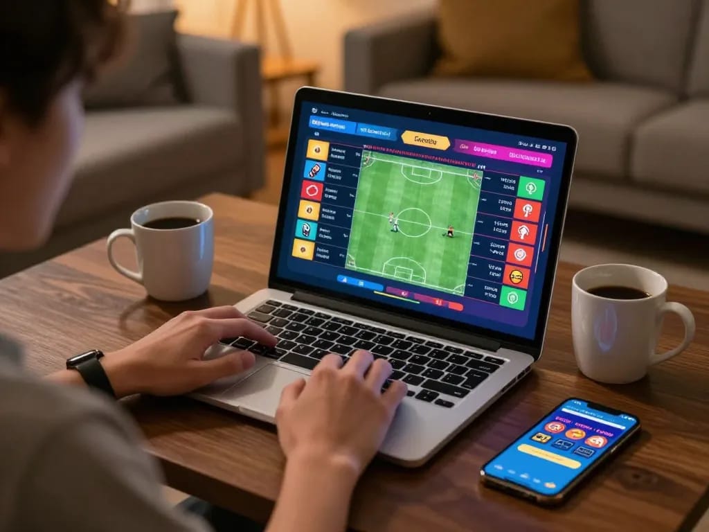 Net88 user enjoying sports betting online with vibrant odds displayed on a laptop in a cozy home setting.