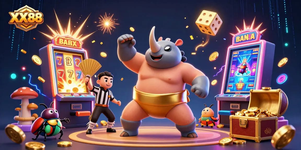 Experience the exciting XX88 casino with colorful slot machines, golden coins, and vibrant 3D characters.