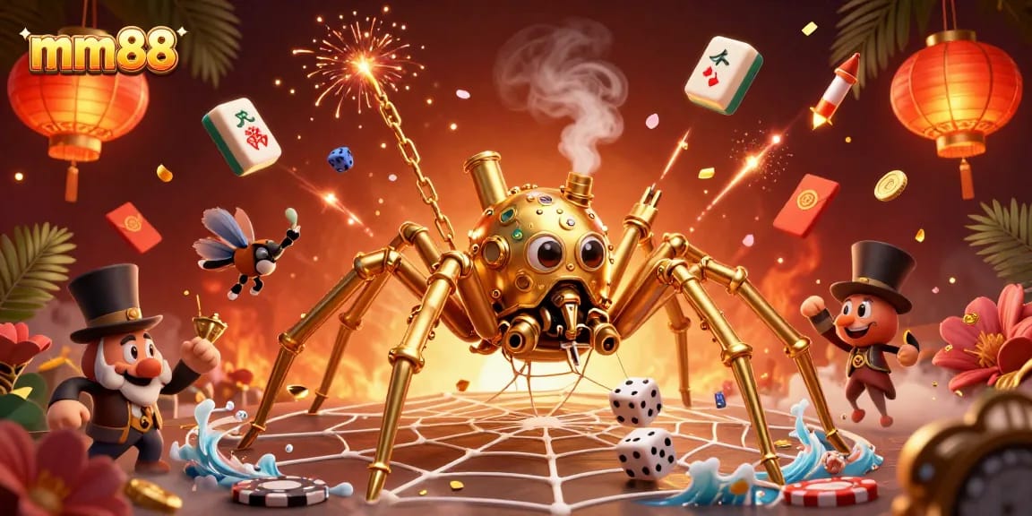 Win big at mm88 with a captivating steampunk-themed online casino adventure featuring golden spider webs and playful dice.