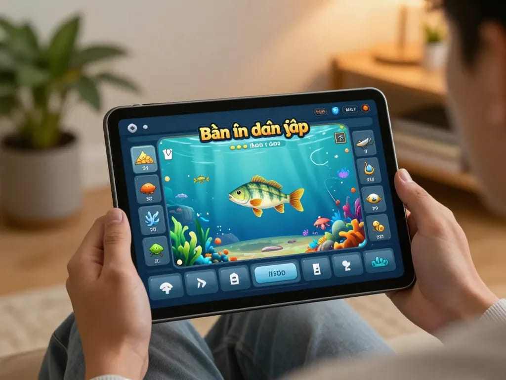 Bắn cá đổi thưởng gameplay on a tablet featuring vibrant aquatic graphics in a cozy living room.