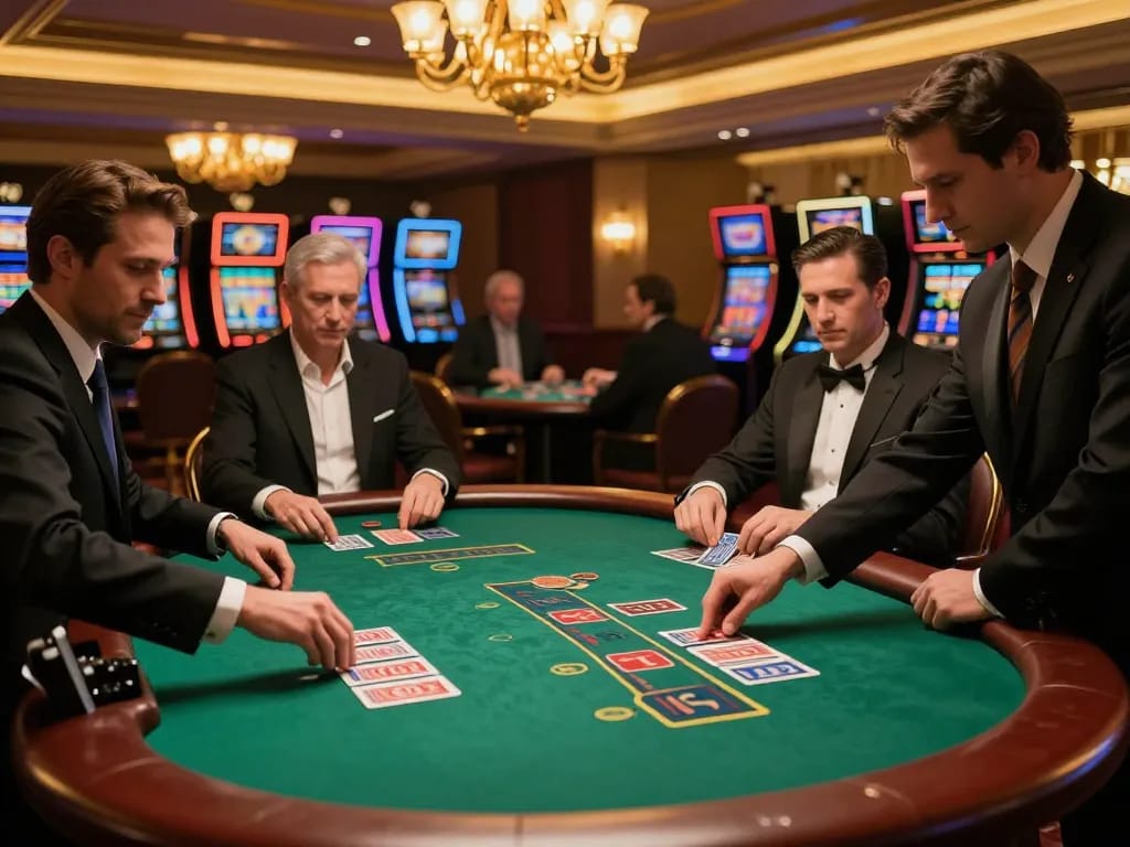 Players engaged in a C168 blackjack game, showcasing strategic bets and intense focus in a glamorous casino.