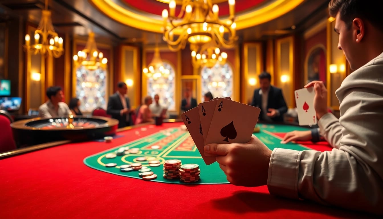 Players engaging in high-stakes poker in a luxurious casino, showcasing a thrilling vibe with newphim-themed elements.