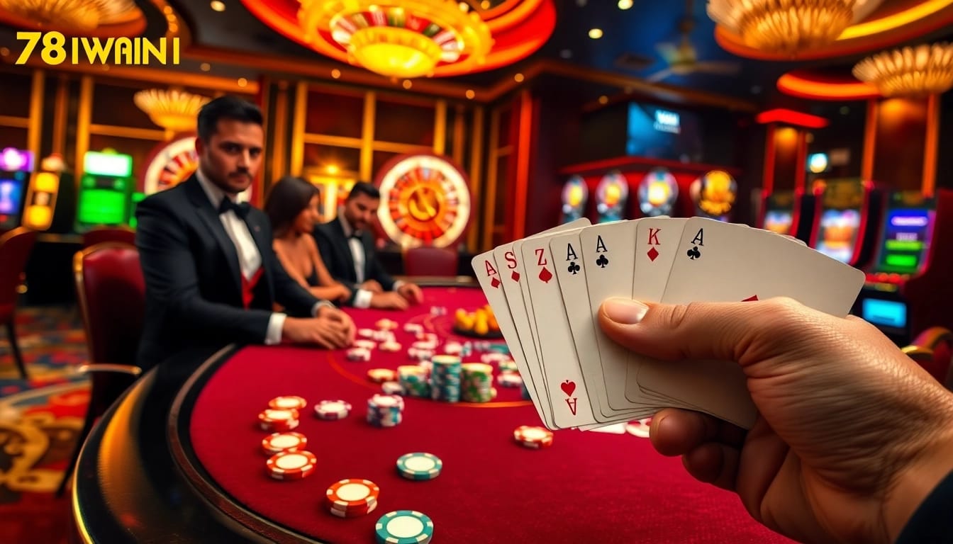 Winning poker hand at 78WIN casino with vibrant chips and roulette excitement.