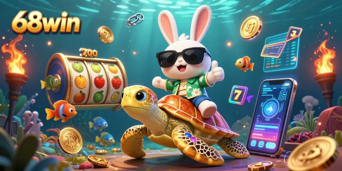 Enjoy thrilling slots at 68win with a vibrant scene featuring a lucky rabbit and golden turtle.
