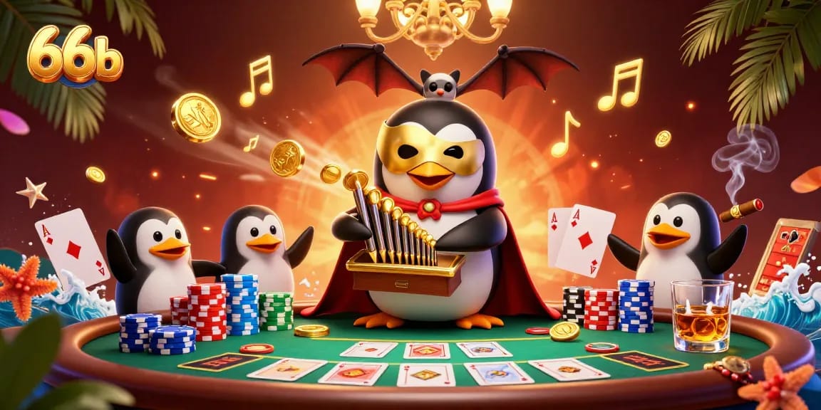 Experience the thrill of 66b with a golden organ-producing coins in a vibrant casino scene.