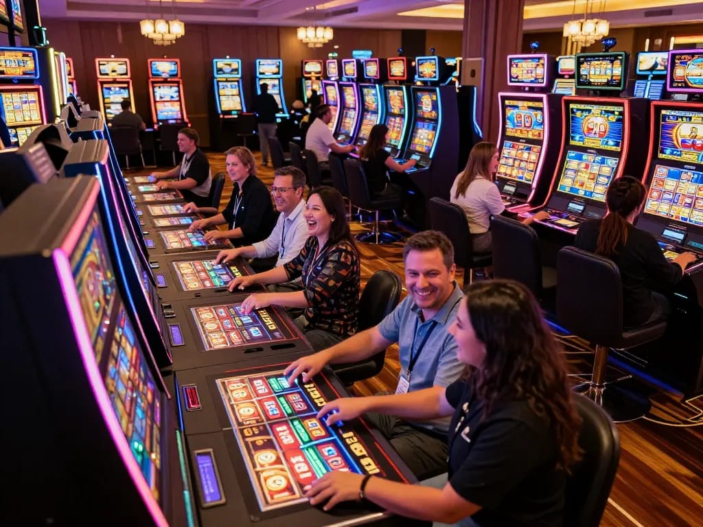Experience slot terbaru excitement on a vibrant casino floor with players spinning for wins