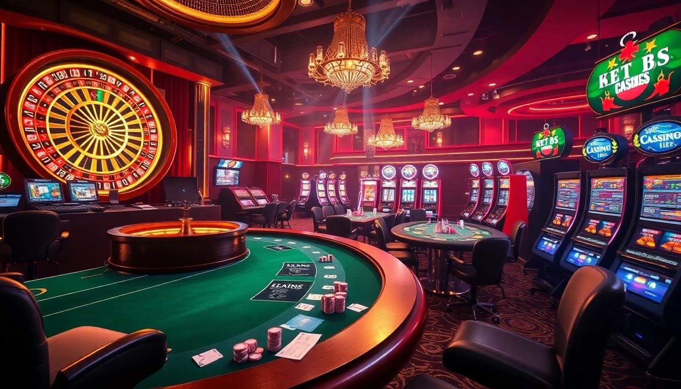 Experience the thrill of online gambling with WE88 at a luxurious casino scene featuring roulette and poker.