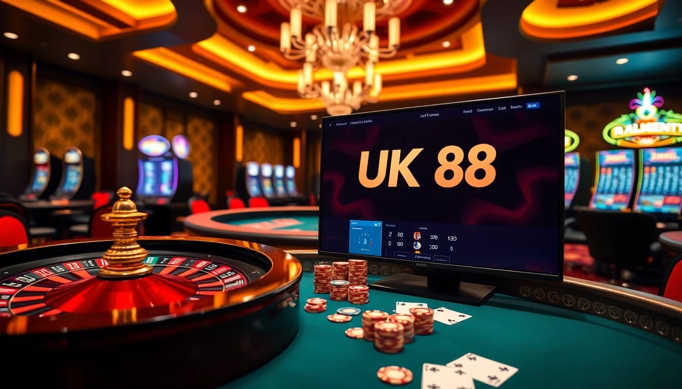 Experience the excitement of UK 88 at a luxurious casino with roulette and poker action.