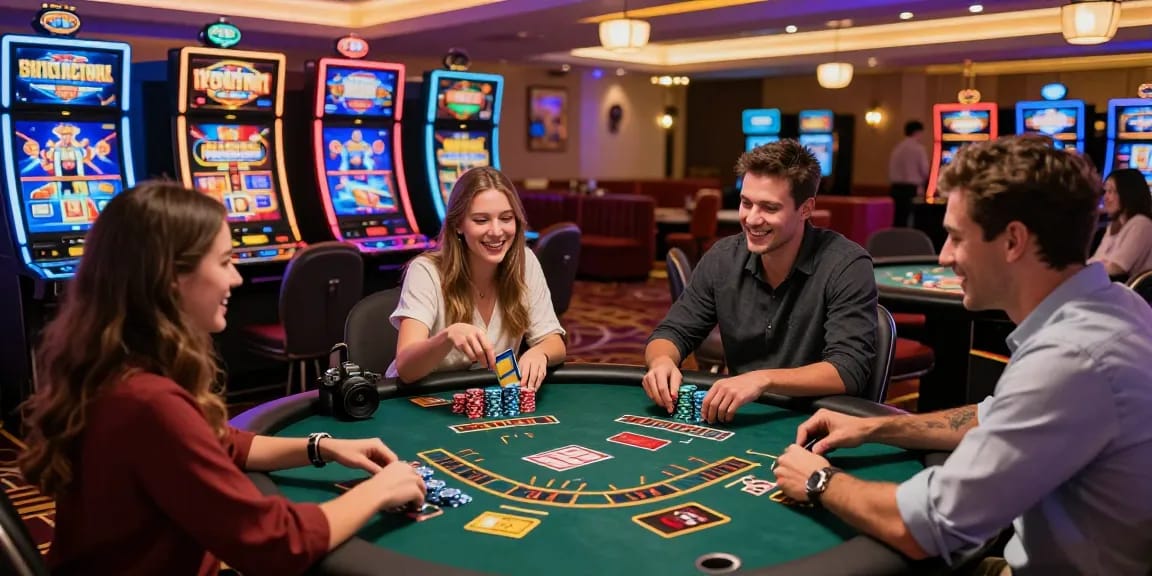 Online casinos that accept credit cards scene with players enjoying gaming tables, showcasing excitement and colorful slot machines.