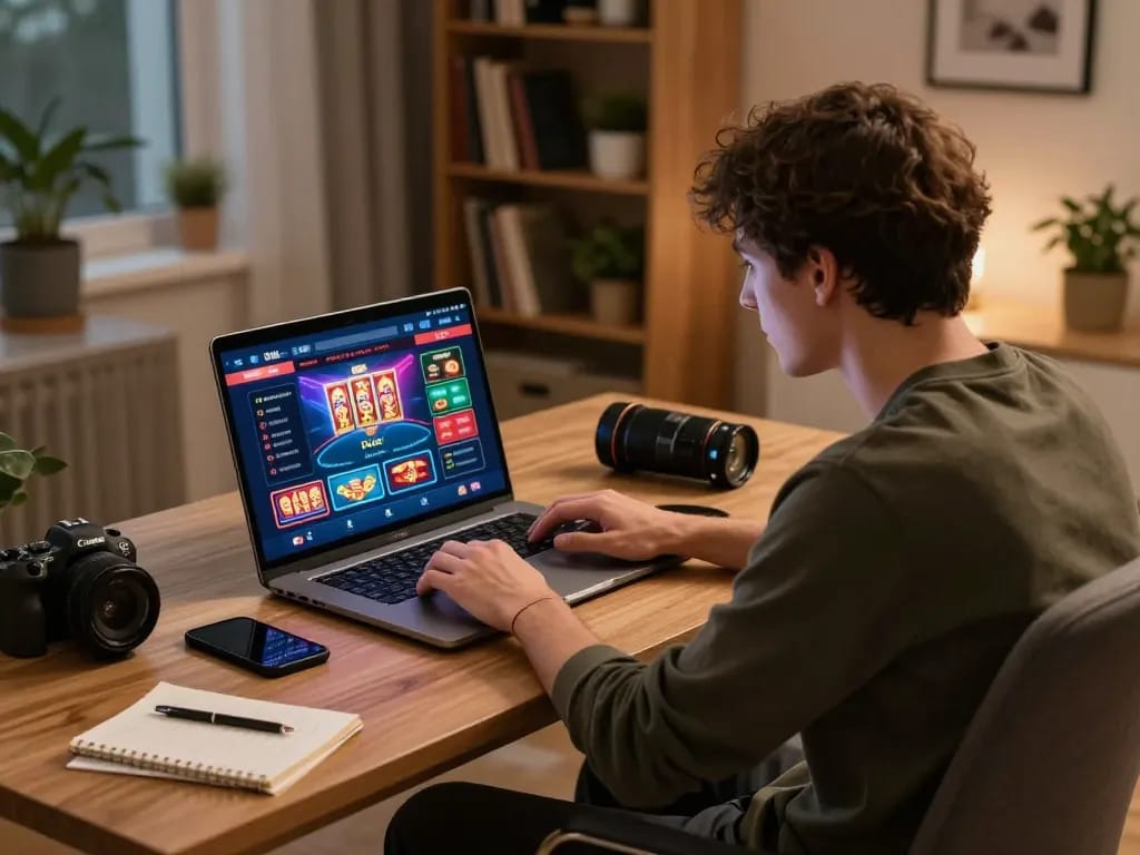 Engaged online gamer at home using lv88seo for strategic betting and casino gameplay.