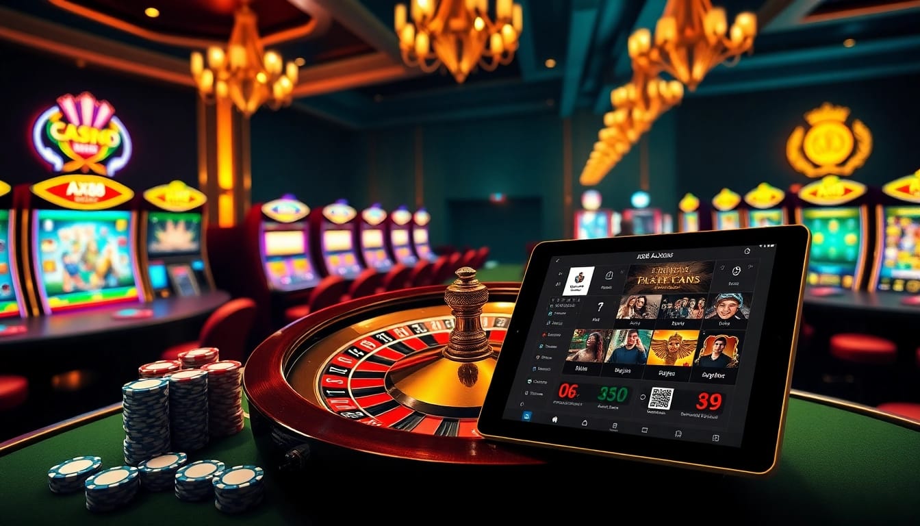 Experience the excitement of online gambling with AX88's luxurious casino environment featuring roulette and slot machines.