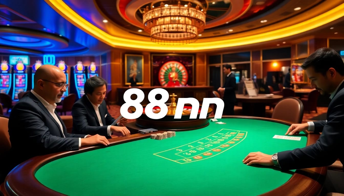 Exciting gaming at the 88nn casino with poker tables, roulette wheel, and slot machines.