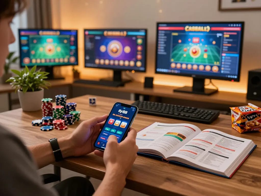 Player excitedly plays fly88 on a smartphone with colorful poker chips nearby.