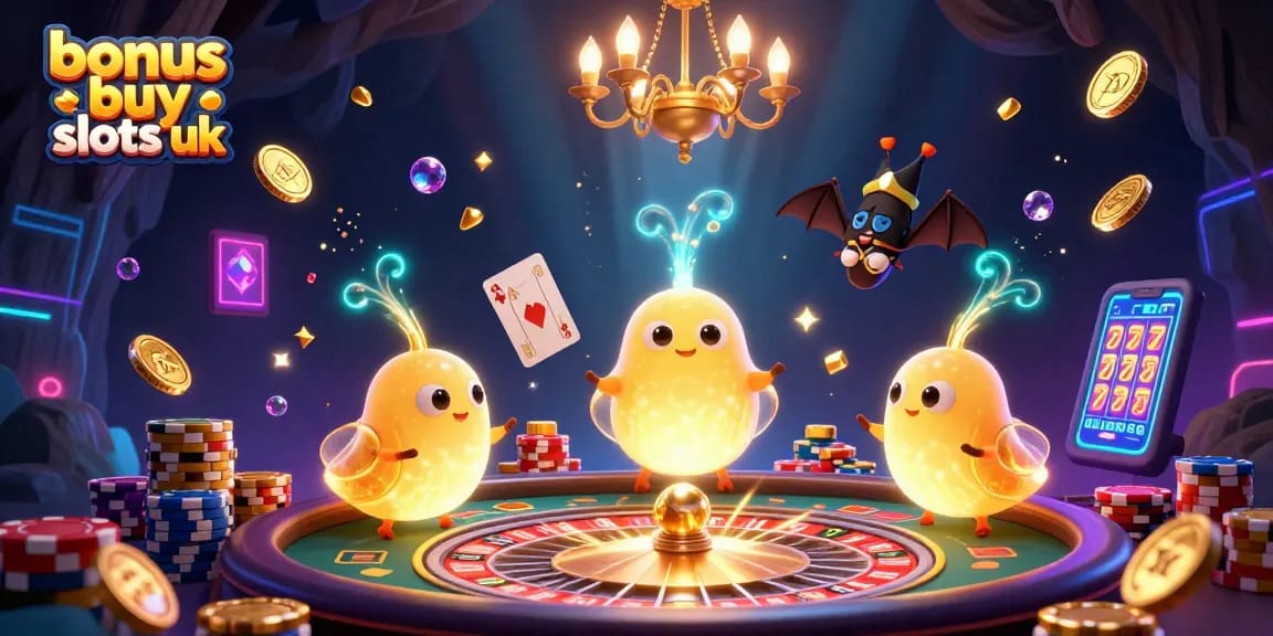 Engage with bonus buy slots uk in a vibrant 3D casino scene filled with action and excitement, showcasing animated glowworms and a bat dealer.