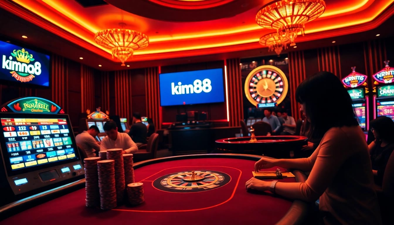 Engaging poker action at nhà cái kim88 casino with vibrant chips and roulette wheel.