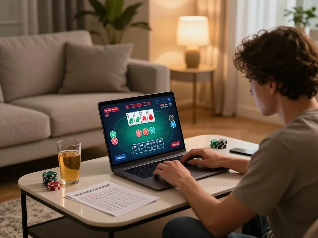 Engaged player at home using laptop for online casino gaming on nhà cái uy tín Sunwin, showcasing vibrant cards and bets.