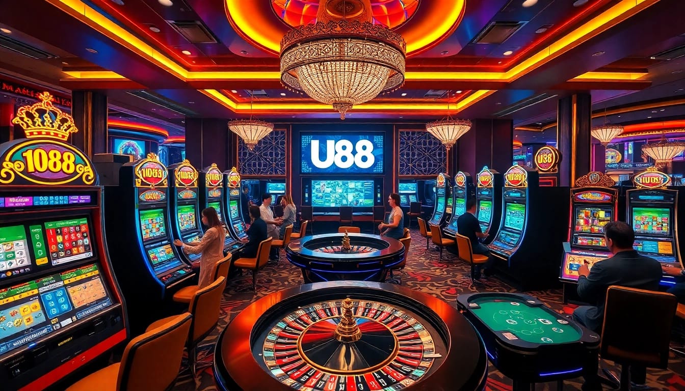 Players enjoying a thrilling casino experience at U88, surrounded by vibrant slot machines and roulette tables.