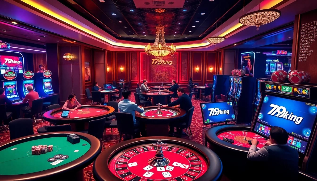 A dynamic casino scene with players at tables showcasing the 79king brand, capturing excitement in gambling.