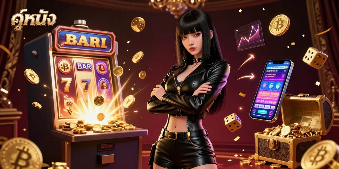Engage with ดูหนัง through a captivating 3D casino illustration featuring golden Bitcoin coins, slot machines, and vibrant gaming elements.