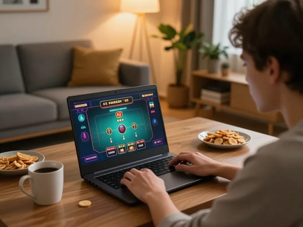 Player engaging in online gaming at NK88 with laptop displaying live dealer game.