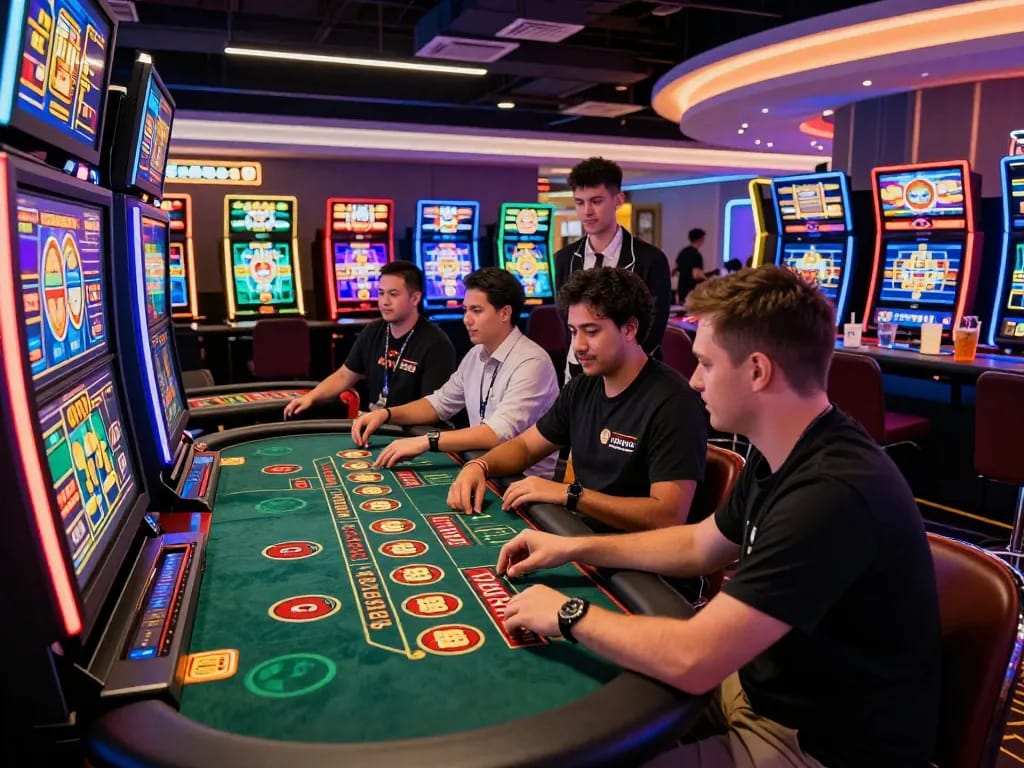 Players enjoying various games at Gem88 online casino, creating a vibrant atmosphere.