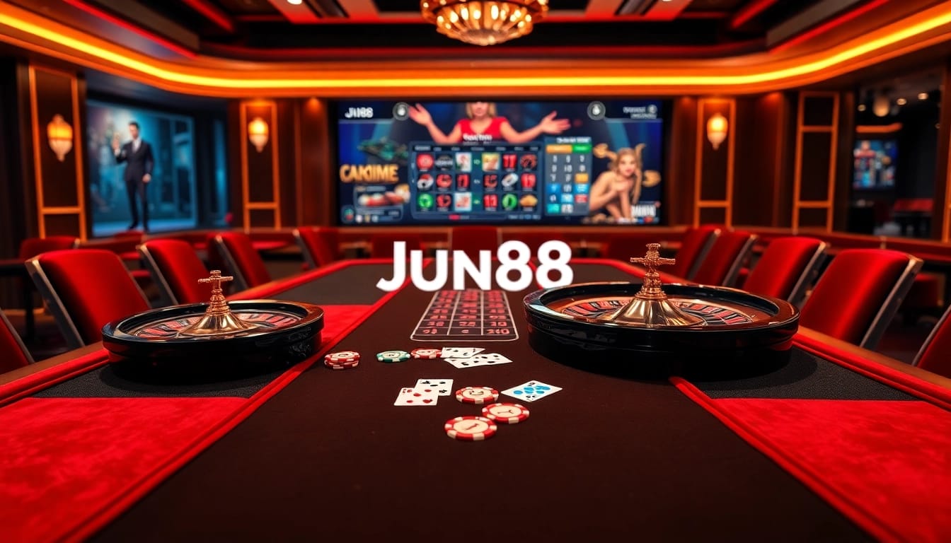 Experience high-stakes excitement at Jun88's vibrant casino table with roulette and poker chips.
