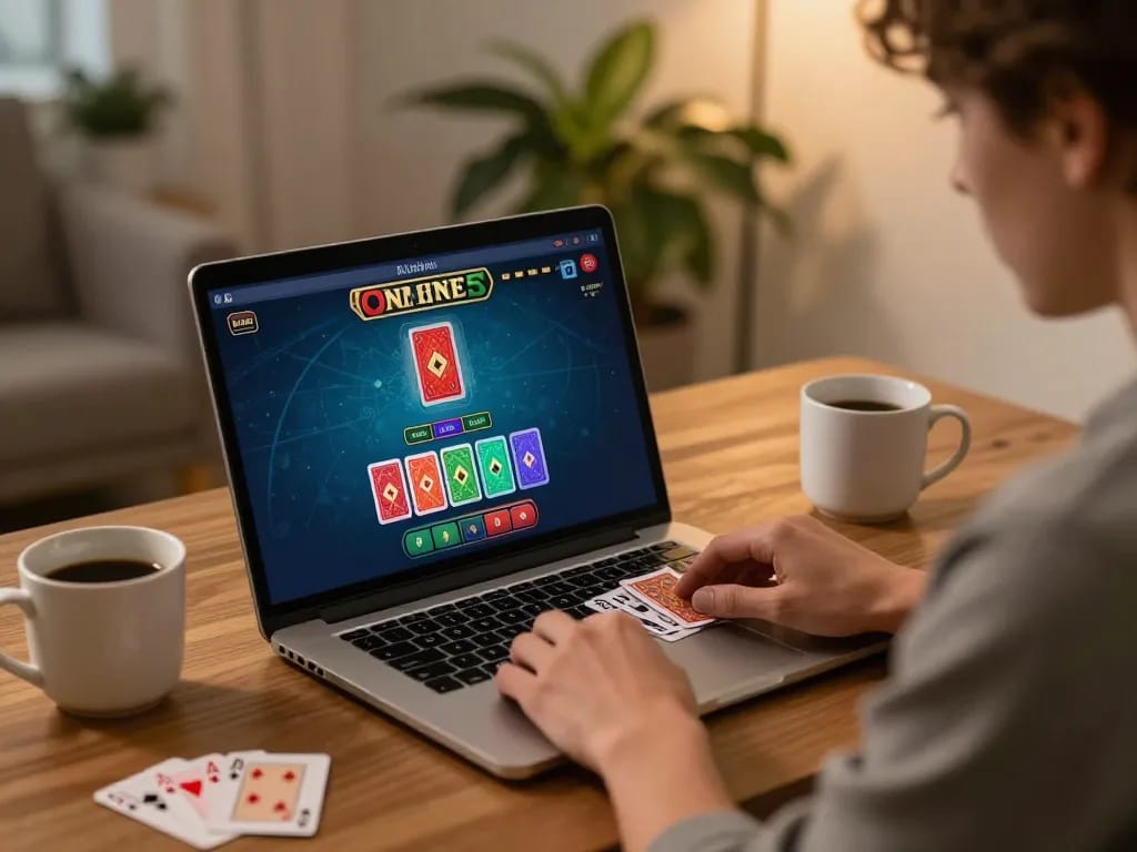 Pucuk138 player engaging in an online blackjack game at home, surrounded by strategic notes and a coffee mug.