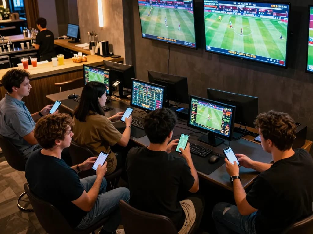 G28 sports betting scene showcasing lively participants engaged in live betting while cheering for their favorite teams.