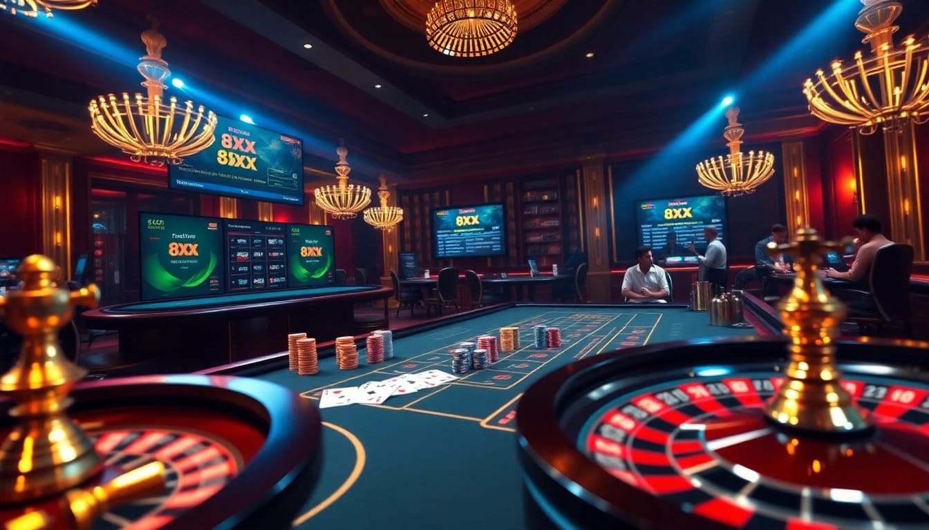Engage in thrilling gameplay at 8XX with vibrant casino elements and digital interfaces.