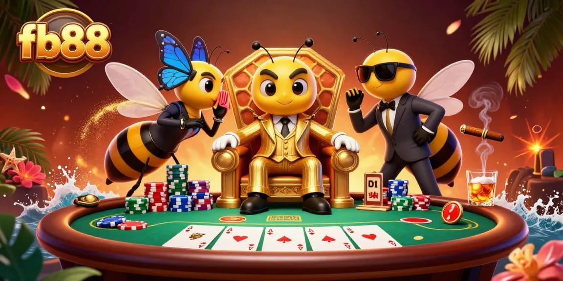 Engage with fb88's thrilling casino atmosphere featuring a cartoon mob boss and dynamic poker elements.