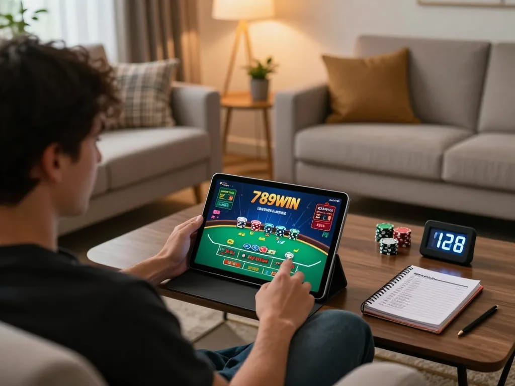 Engaging in live casino gameplay on 789WIN, showcasing immersive home gaming setup with tablet and strategic notes.