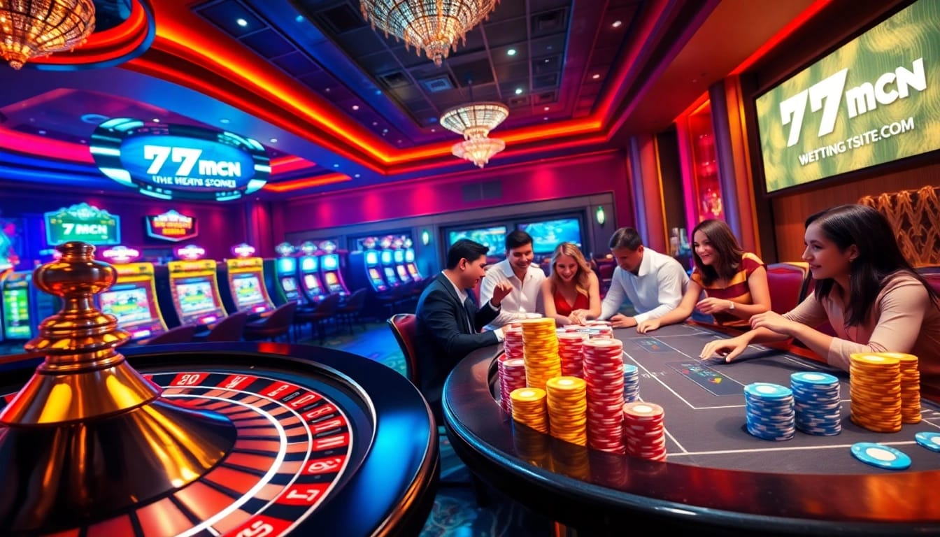 Engaged gamblers celebrating their wins with 7mcn branding in a vibrant casino atmosphere.