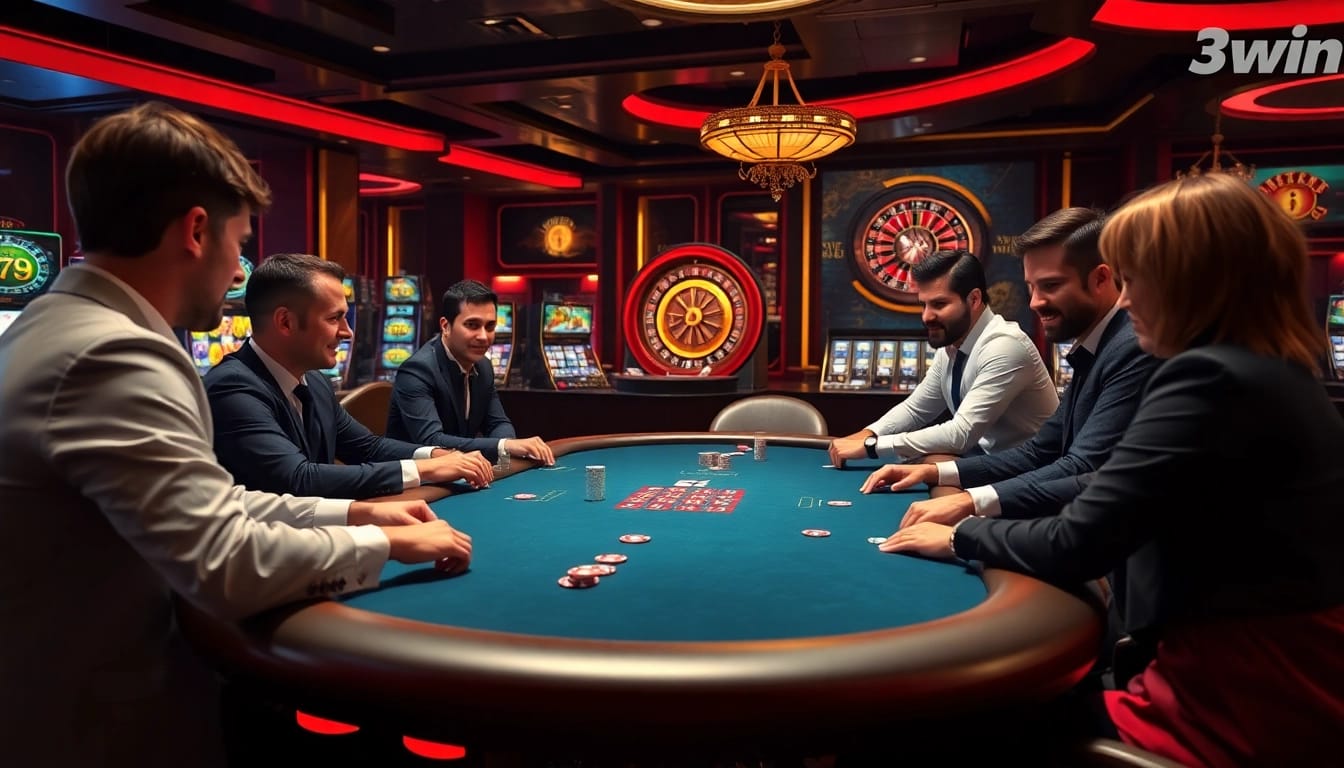 Experience thrilling gameplay at 3win's luxurious casino, featuring poker, roulette, and vibrant slot machines.