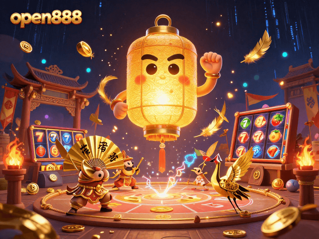 Play exciting games at open888 casino with glowing spirits, vibrant symbols, and dynamic action.