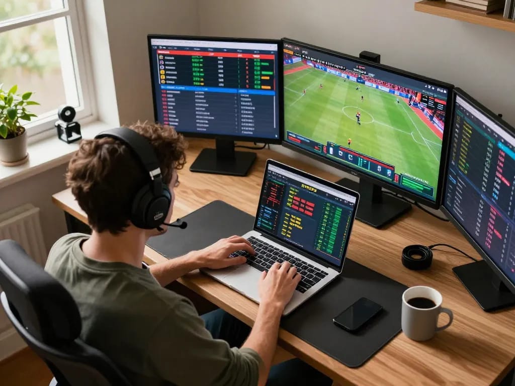 88vvgo user engaging in online sports betting with real-time odds displayed on multiple screens.
