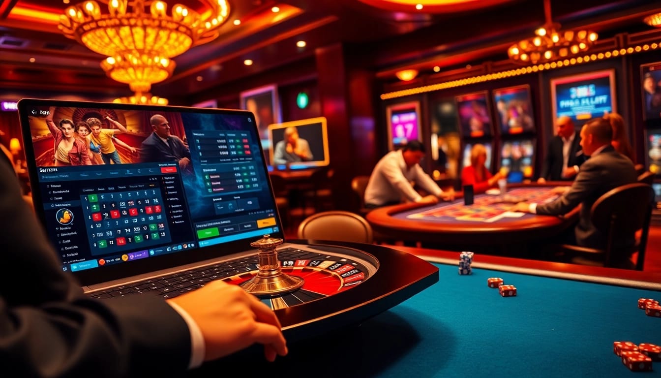 Scene featuring online gambling excitement with 'link vào jbo' amidst casino tables and betting activities.