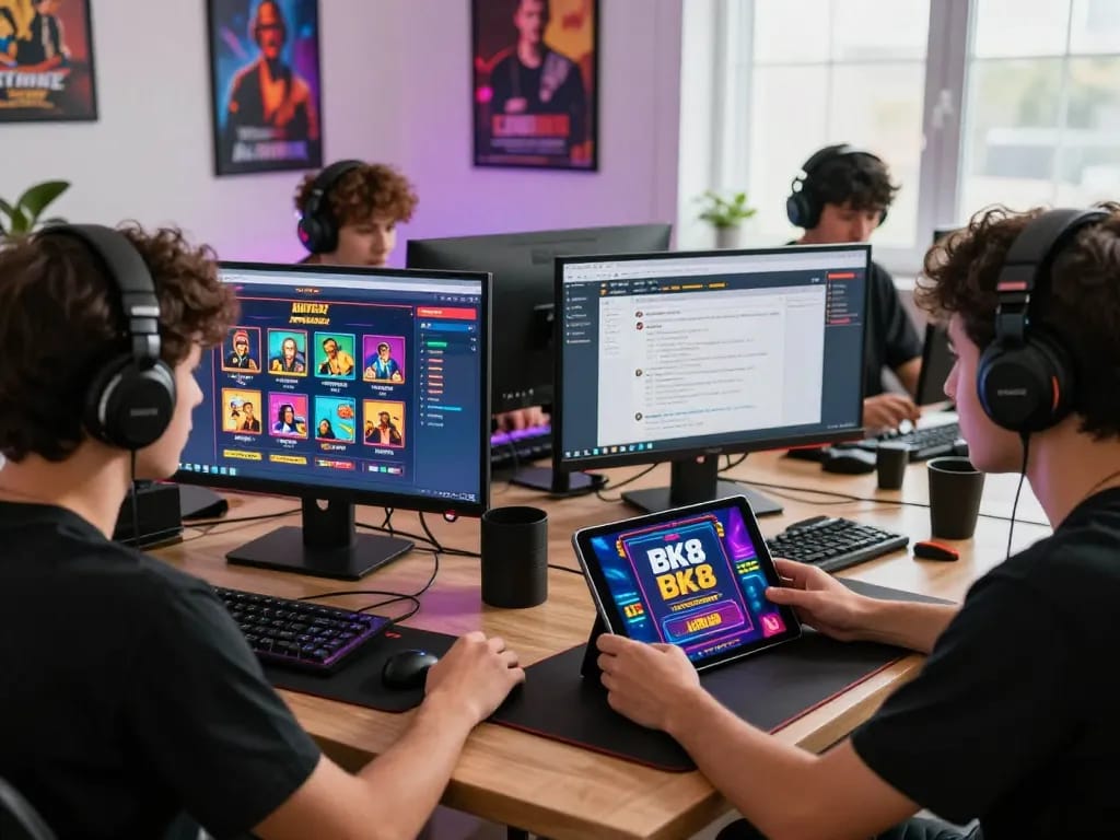 Dynamic online gaming scene showcasing enthusiastic players engaging with BK8 promotions and colorful casino games.