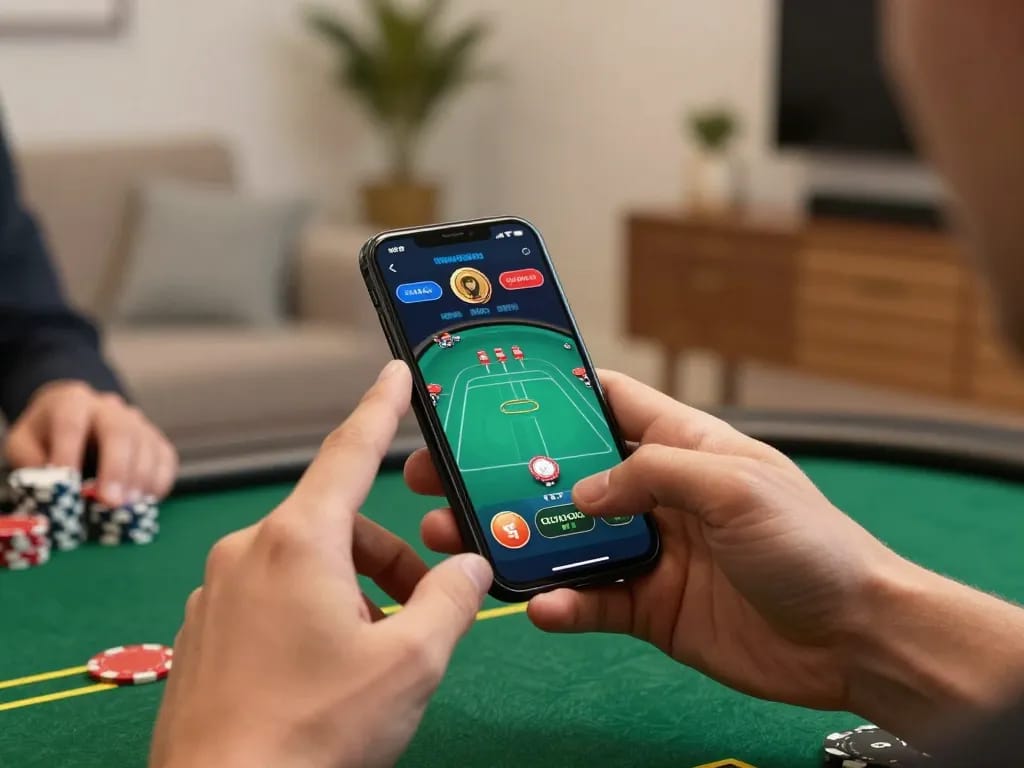 Engaging gaming session on smartphone featuring KO66 poker interface, showcasing responsible gambling.