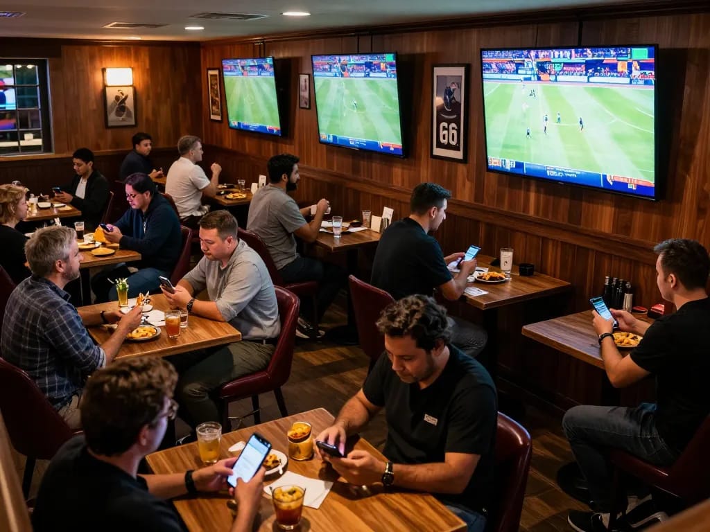 Tỷ lệ kèo nhà cái hôm nay showcased in a lively sports bar with patrons engaged in betting.