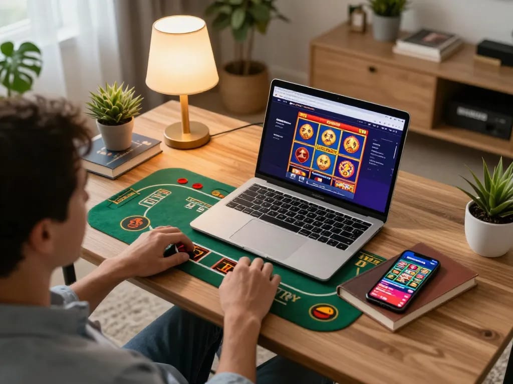 Engaging in exciting km777 online casino gaming with vibrant graphics on laptop and smartphone.