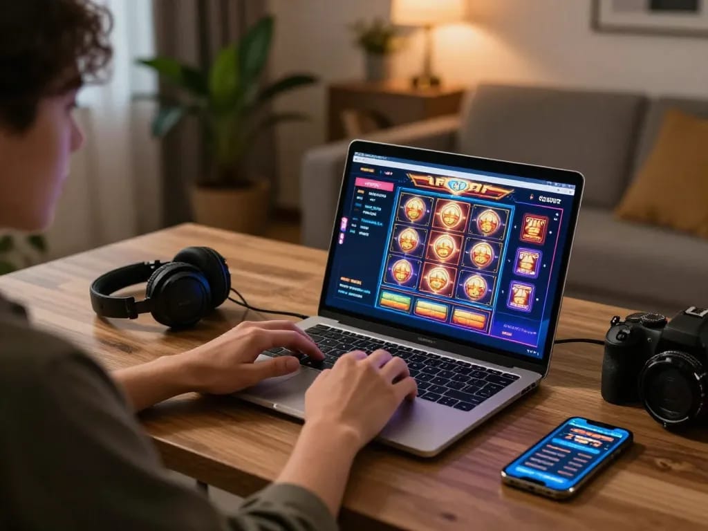 Engage with https://ga88bet.com/ through exciting online slot games on a stylish home setup.